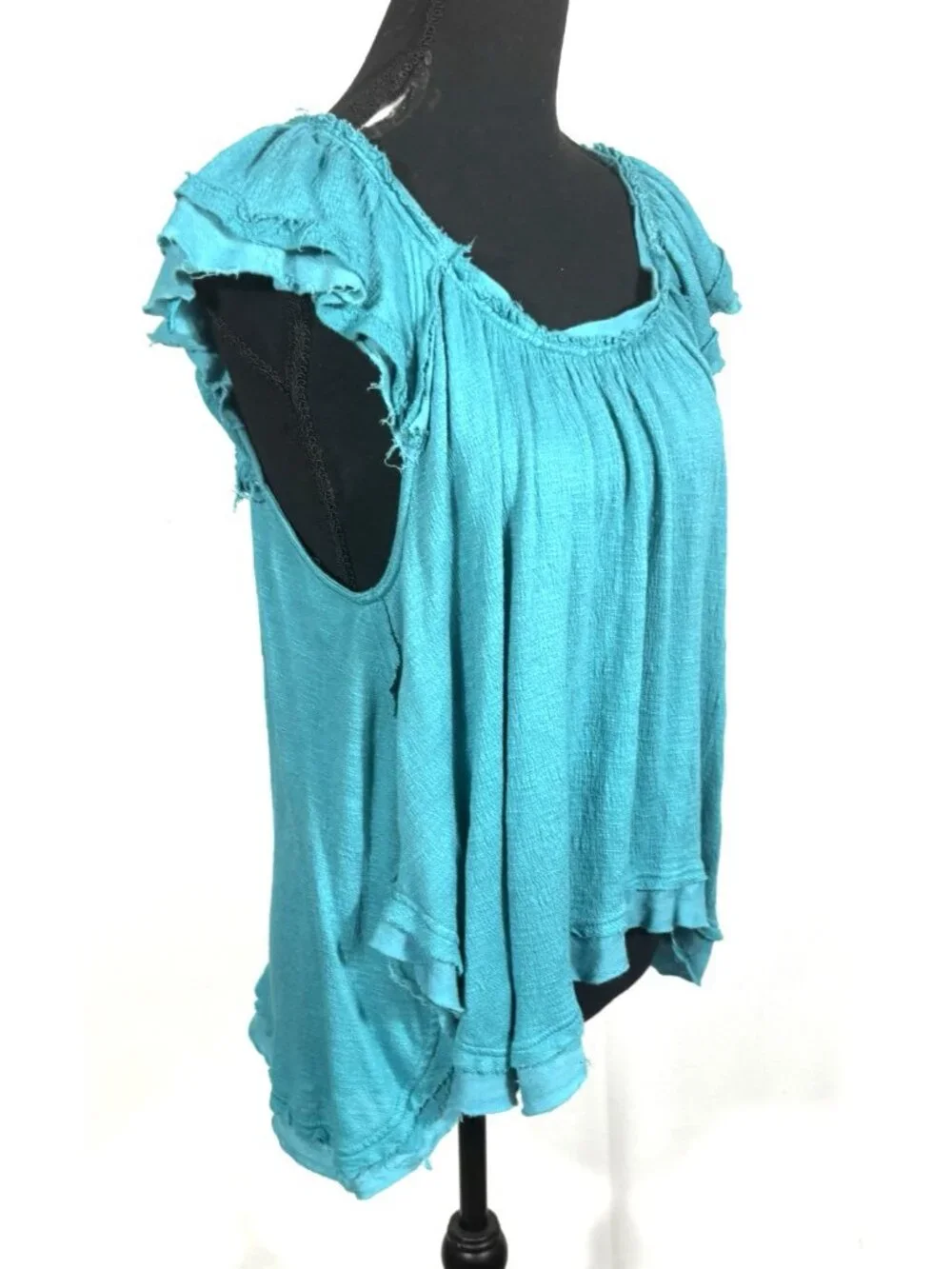 Free People Teal Aqua Blue Top Flutter Sleeve Gauze Frayed Ruffle Distressed XS
